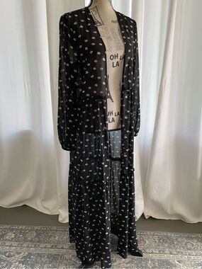 Black Sheer Floral Maxi Duster with Daisies